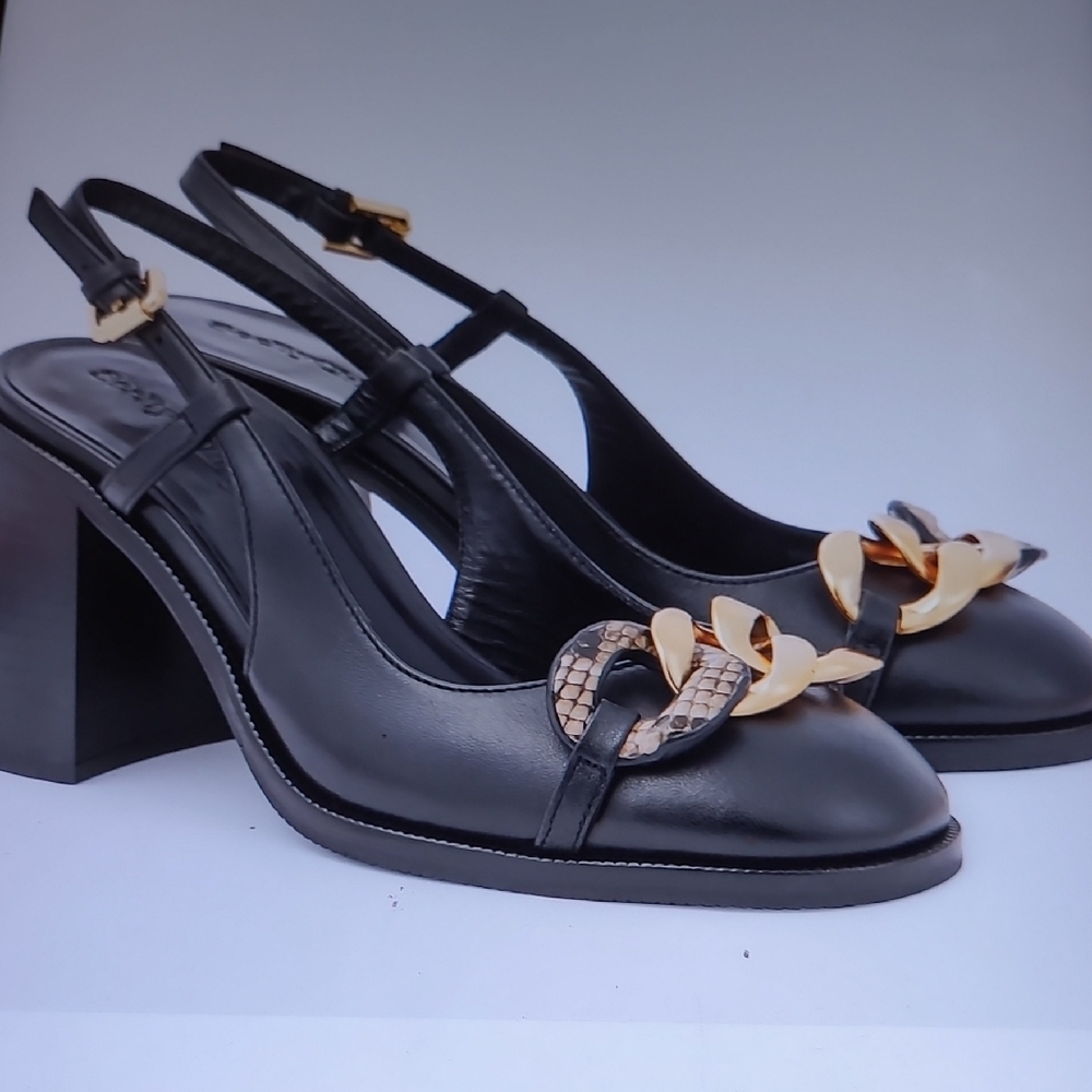 See by Chloe, Elegant Black Slingback Heels with Gold Accents